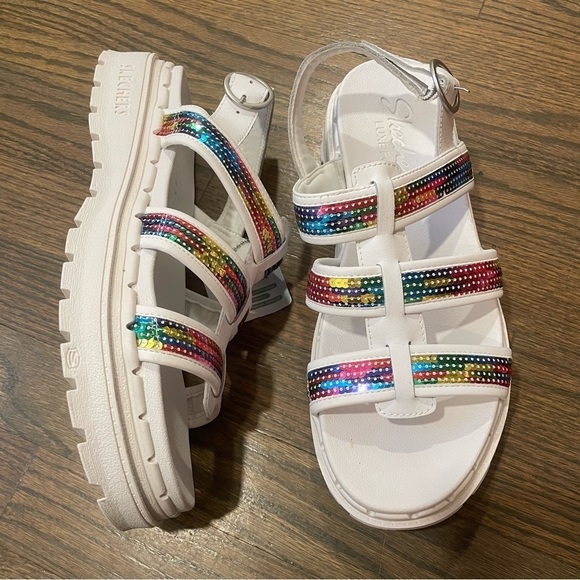 NWT Skechers Jammers Triple Rainbow Sequin Lug Sole Fisherman Chunky Sandals - Picture 1 of 12